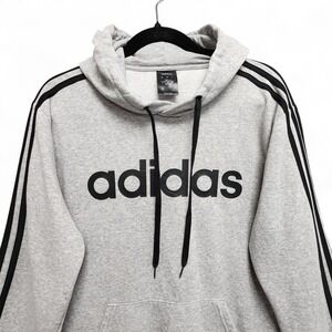 Adidas Stay Warm Fleece Hoodie Men Large Grey Black 3 Stripe Pullover Sweatshirt